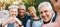 Nature, selfie and senior friends hiking together in a forest while on an outdoor adventure. Happy, smile and portrait