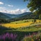 nature, summer landscape in carpathian mountains, wildflowers and meadow, spruces on hills, beautiful cloudy