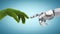 Nature and technology abstract concept, robot hand and natural hand covered with grass reaching to each other, tech and nature
