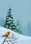 Nature-themed Christmas postcard theme with snowy sky, pines with snow and a colorful and lonely bird on a branch.