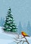 Nature-themed Christmas postcard theme with snowy sky, pines with snow and a colorful and lonely bird on a branch.