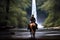 On Nature Trail - Woman on Horseback in River with Waterfall, created with Generative AI technology