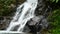 Nature video, a small waterfall in the forest. The water flow through the rocks after the rain. Waterfall hidden in the forests of