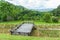 Nature view point with wooden balcony in the garden park - terrace outdoors and mountain forest background