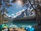 Nature view unfolds as a forest, river, and majestic mountains provide a breathtaking backdrop to a cozy tent nestled in the midst