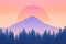 Nature and wilderness scenery background 2D illustration with sun. Sunrise or sunset feel. Mt Hood silhouette, Oregon, USA.