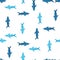 Nature wildlife seamless pattern with blue shark silhouettes. Isolated backdrop. White background