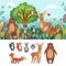 Nature wood animals. Happy characters. Children friends in jungle or safari. Wildlife family in forest. Bear or elk in