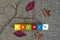 NATURE- word made from colored wooden blocks, twisting branch of tree without leaves and dry leaves on gray burlap. Autumn