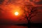 Natures abstract art Small sun, tree silhouette, tranquil sunset beauty