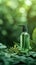 Natures beauty Green cosmetic bottle with pump, surrounded by leaves