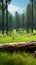 Natures beauty Pine forest with a log on vibrant grass