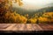 Natures embrace, Wooden table against an autumn forest backdrop