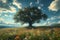 Natures grandeur Huge tree amidst sprawling flower field under summer sky