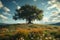 Natures grandeur Huge tree amidst sprawling flower field under summer sky