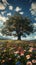 Natures grandeur Huge tree amidst sprawling flower field under summer sky