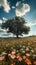 Natures grandeur Huge tree amidst sprawling flower field under summer sky