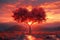 Natures love Vibrant red heart shaped tree set against sunset backdrop