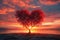 Natures love Vibrant red heart shaped tree set against sunset backdrop
