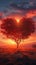 Natures love Vibrant red heart shaped tree set against sunset backdrop