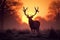 Natures serenity Stag silhouette grazes in a tranquil meadow at sunrise