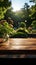 Natures showcase Vacant wooden table in park, ready for product displays amidst greenery