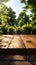 Natures showcase Vacant wooden table in park, ready for product displays amidst greenery