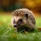 Natures visitor Hedgehog inquisitively wanders on a vibrant green lawn