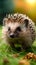 Natures visitor Hedgehog inquisitively wanders on a vibrant green lawn