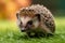 Natures visitor Hedgehog inquisitively wanders on a vibrant green lawn