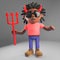 Naughty black man with dreadlocks wearing devil horns, holding a trident, 3d illustration