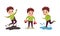Naughty Boy Jumping in Puddle and Breaking Toy Car Vector Illustration Set