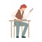 Naughty Boy Sitting At School Desk Holiding Smartphone During Lesson Vector Illustration