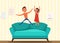 Naughty children jumping on sofa flat illustration