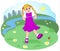 Naughty girl with pigtails dancing on the forest glade. Sunny clear day in the woods. Flowers and berries. Vector.
