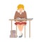 Naughty Girl Sitting At School Desk and Reading Book Vector Illustration