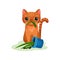 Naughty kitten eating house plant, mischievous cute little cat vector Illustration on a white background