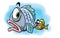 Naughty little cartoon fish biting his mother`s tail vector