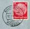 Naumburg, Kassel, Germany - March 12 1940: German historical stamp: Paul von Hindenburg on a blue postal envelope with  black ink