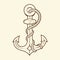 Nautical anchor with rope isolated on beige background. Brown outlines.