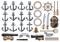 Nautical anchors, helm, ropes, chains and cannon