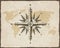 Nautical antique compass sign on old paper texture world map with torn border frame. Element for marine theme and