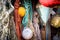 Nautical background. Closeup of old colorful mooring ropes , Old