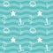 Nautical Blue Green Wave Seamless Pattern with White Elements: Shell, Starfish and Anchor Design Vector Illustration