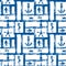 Nautical blue and white grunge lattice with anchor, star and fishes, seamless pattern, vector