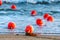 Nautical buoys in sea water close up