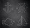 Nautical chalk icons on black chalkboard, anchor, carp fish, rudder, sailboat