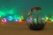 nautical concept image with sail boat in the bottle and multicolor garland lights over wooden table. Selective focus.