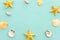 nautical concept seashells and starfish over mint blue wooden background