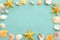 nautical concept seashells and starfish over mint blue wooden background